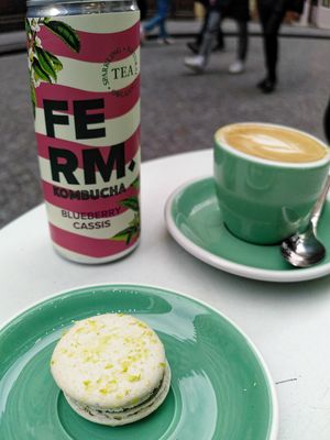 Pistachio macaron + Kombucha + Macchiato at Cloud Cakes - Mandar in Paris
