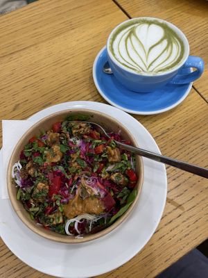 Salad bowl and matcha lattee  at Cloud Cakes - Mandar in Paris