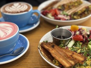 We had crumble tofu with pancakes, hot chocolate and a beetroot latte.  at Cloud Cakes - Mandar in Paris