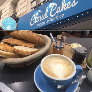 French breakfast, vegan style! Soy latte, baguette, whole wheat vegan croissant, jams, chocolate, and vegan butter. Love the French, no-guilt (all the gluten!) breakfast. at Cloud Cakes - Mandar in Paris