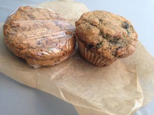 Vegan blueberry muffin. They also have a basket where they sell day-old items for a dollar, so I got two vegan trail mix cookies for a buck! at The Angry Baker - King Ave in Columbus