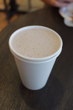 Peanut butter hot chocolate made with macadamia nut milk. at Coco Bean Coffee Shop & Cafe in Chapel Hill