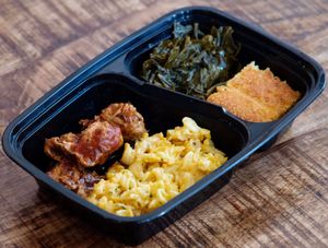 All Vegan Meal: BBQ Tofu, Mac n Cheese, Collard Greens & Corn Bread - delicious! at Coco Bean Coffee Shop & Cafe in Chapel Hill