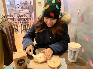 Early morning breakfast - oat milk hazelnut steamer and bagel & vegan butter at Coco Bean Coffee Shop & Cafe in Chapel Hill