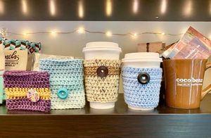 Handmade coffee sleeves at Coco Bean Coffee Shop & Cafe in Chapel Hill