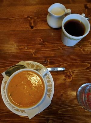 Cream of tomato soup and coffee at Hunter Gatherer Vegetarian Diner in Regina