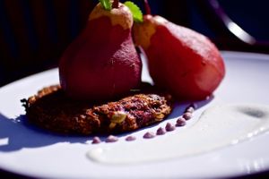 Vegetables steak served with over roasted pears in red wine! at Le Pagalou in Paris