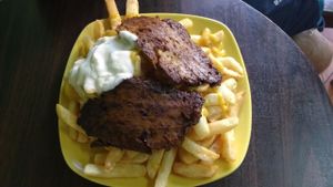 Churrasco and chips with vegan mayo at Dharma Vegetariano in Iquique
