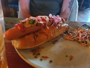 Moving mountains hot dog at Estero Lounge in Monmouth
