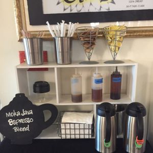 coffee bar including specialty syrups ! at The Breakfast Club in Lawrence