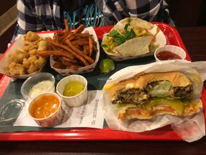 burger, sweet potatoe fries, popcorn chicken!  at VegeWay in Las Vegas