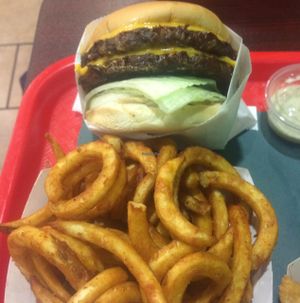 Double vegan burger with cheese and curly fries at VegeWay in Las Vegas