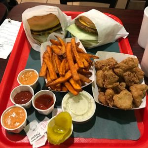 burgers, fries, and popcorn chicken! at VegeWay in Las Vegas