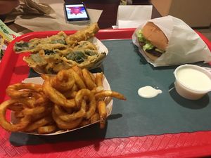 Burger, deep fried zucchini and curly fries! at VegeWay in Las Vegas