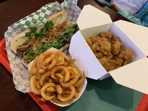 Beef sandwich, curly fries and orange chicken at VegeWay in Las Vegas