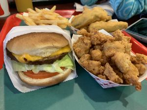 Burger meal, popcorn chicken and fried zucchini  at VegeWay in Las Vegas