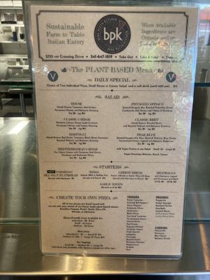Plant-based menu side 1 (June 1, 2024)  at Bend Pizza Kitchen in Bend