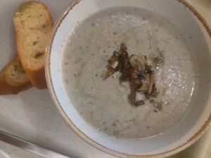 Mushroom soup starter at Aleenta Resort Restaurant in Hua Hin