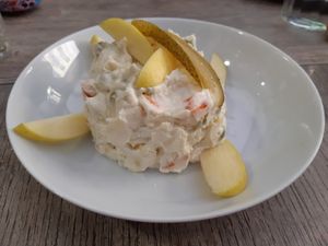 Tapas galore: russian salad at El Perro Gamberro in Madrid