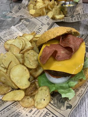 Burger and chips   at El Perro Gamberro in Madrid