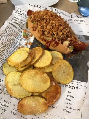Incredible fries and hot dog! at El Perro Gamberro in Madrid