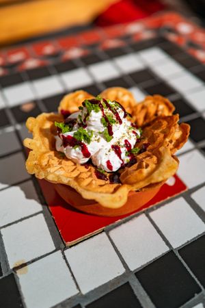 waffle with coconut foam (vegan) at Cafe Glocke in Dresden
