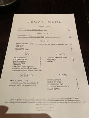 Menu  at SushiSamba in Las Vegas