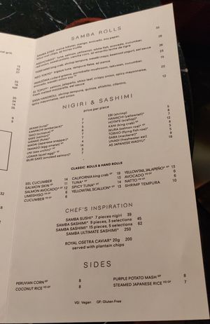 Menu at SushiSamba in Las Vegas