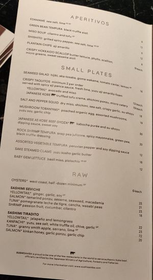 Menu at SushiSamba in Las Vegas