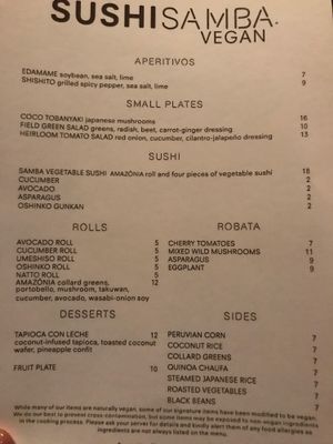 Vegan menu  at SushiSamba in Las Vegas
