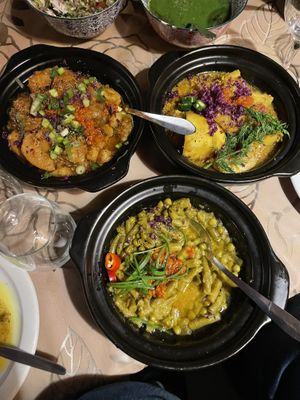 Potato , eggplant and bean dishes  at Afghan Gallery Restaurant in Fitzroy