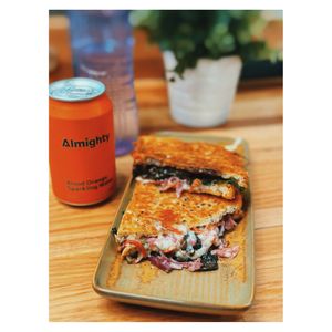 gooey melty vegan toastie with Damona cheeses at Realfoods Organic Cafe in Bundoora