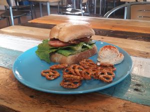 The MayBLT with hummus and pretzels at Tough Cookie Bakery in Bastrop