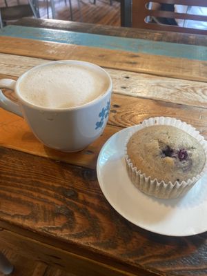 Oat milk hazelnut latte. Lemon blueberry muffins. Freaking gooood!!  at Tough Cookie Bakery in Bastrop