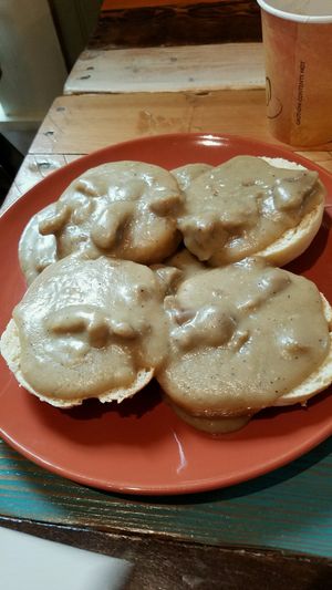 Vegan biscuits and gravy at Tough Cookie Bakery in Bastrop