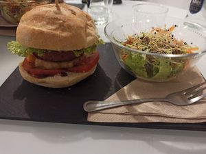 Heura burguer (tastes meat-like) at Sweet Paradise in Tenerife