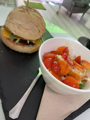 Mushroom & tofu burger with salad  at Sweet Paradise in Tenerife