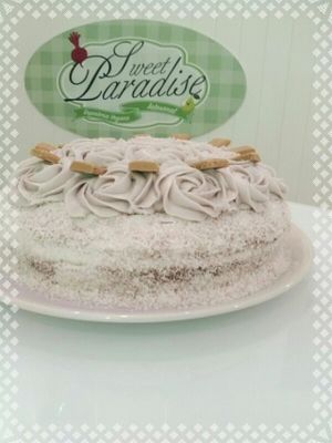 Coconut, raspberry and white chocolate cake at Sweet Paradise in Tenerife