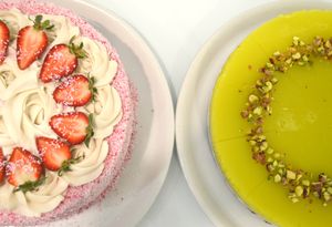 Strawberry and cream vegan cake and pistachio and lime vegan cheesecake at Sweet Paradise in Tenerife