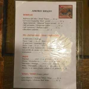 Menu page 1 at Amores Brujos in Urubamba