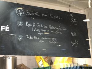 Daily dishes on boards at Bio im Bahnhof in Goerlitz