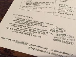 Menu at Jo's Burger in Dublin