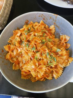 Farfelle Arrabiatta (made vegan by asking for no cheese)   at Cafe du Livre in Marrakech