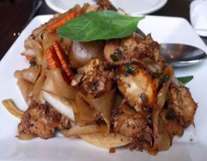 Pad kee mao 'drunken noodles' plus veggie chicken  at Bulan Thai Vegetarian Kitchen - Melrose in Los Angeles