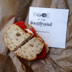 Vegan sandwich (roasted bell pepper and "provola") at Vecchio Mulino Beach in Peschiera Del Garda