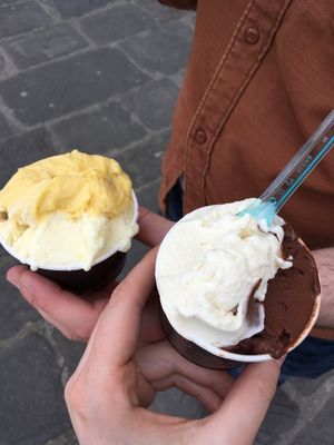 Vegan ice cream. Mango and pineapple; white chocolate and chocolate flavours. at Gelateria Vivaldi in Florence