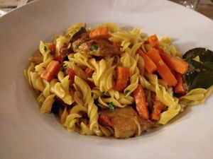 Fusilli with No chicken - pumpkin - curry at Emmax in Lanzarote