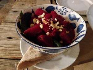 Potato curry with beetroot - spinach - cashew at Emmax in Lanzarote