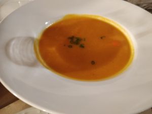 Pumpkin - coconut - ginger cream soup (starter) at Emmax in Lanzarote