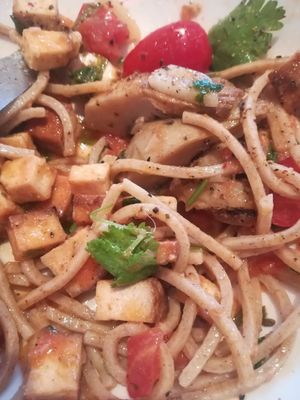 Pasta dish with smoked tofu, tomatoes, cilantro, artichoke hearts at Senso - Scandic Hotel in Gdansk